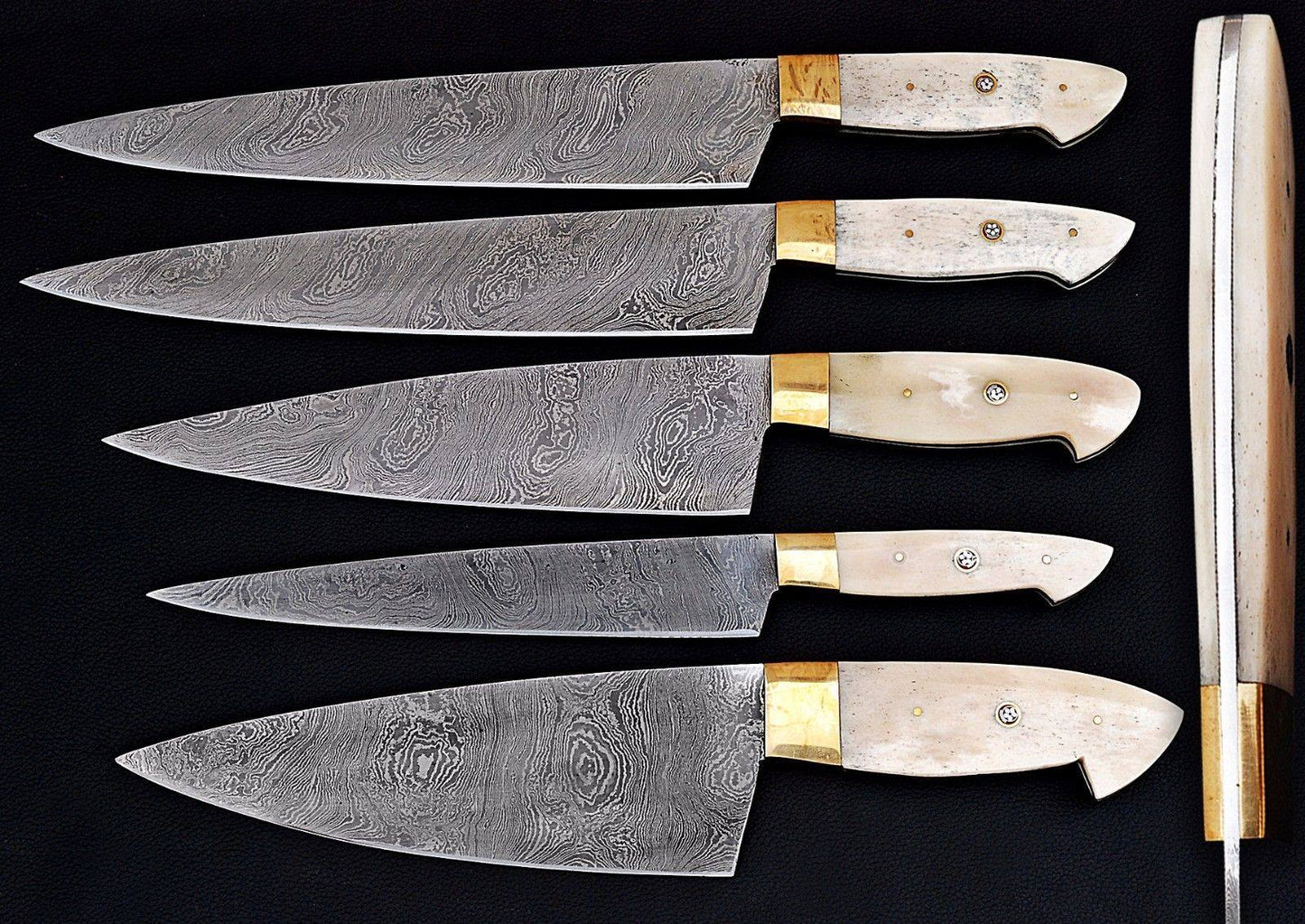 Best Japanese Cutlery Set โ 13โ Handmade Damascus Steel Chef Knife with Camel Bone Handle, Brass Bolster & Leather Sheath - Tree of Life