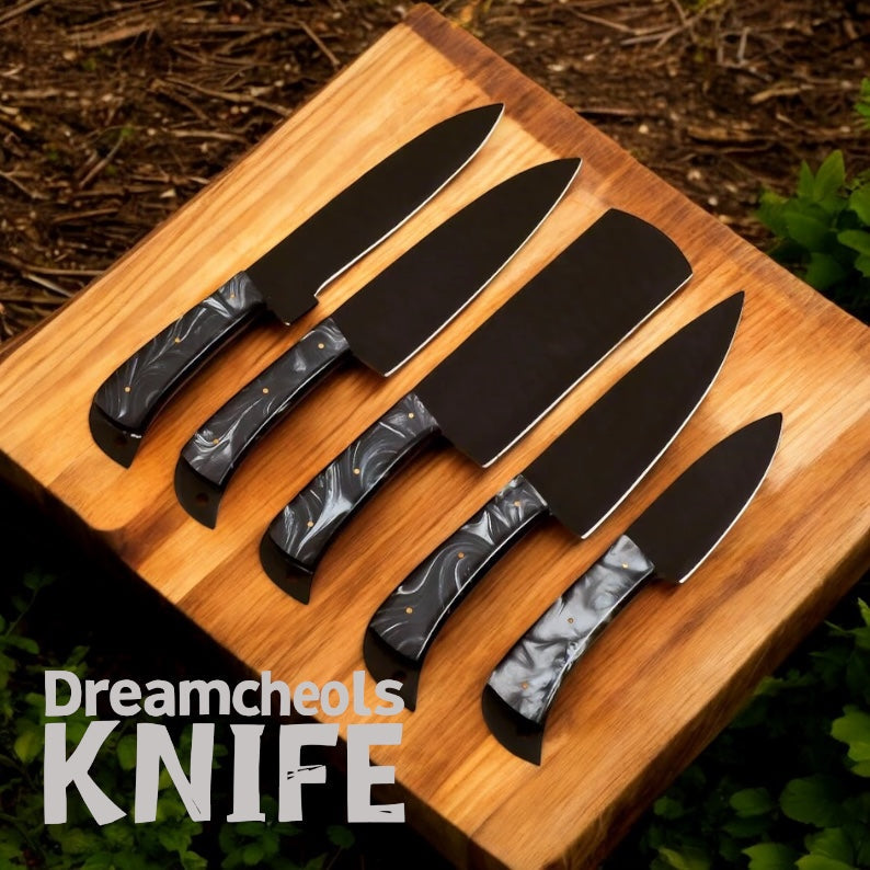 Japanese Cutlery Set – Handmade D2 Steel Knives with Resin Handles & Leather Roll Kit - Tree of Life