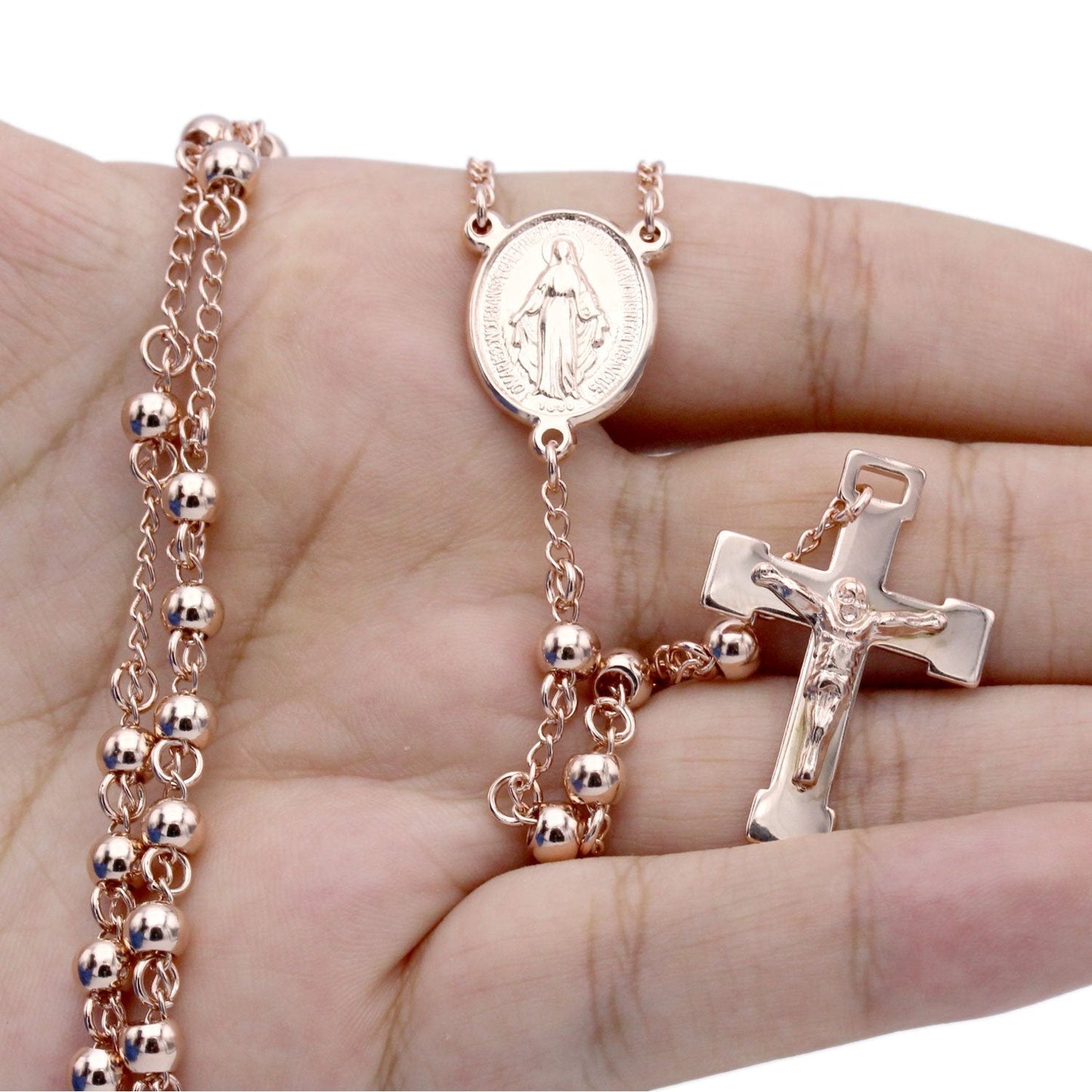 Traditional Rose Gold Rosary Necklace Five Decade Catholic Prayer Beads 5mm - Tree of Life
