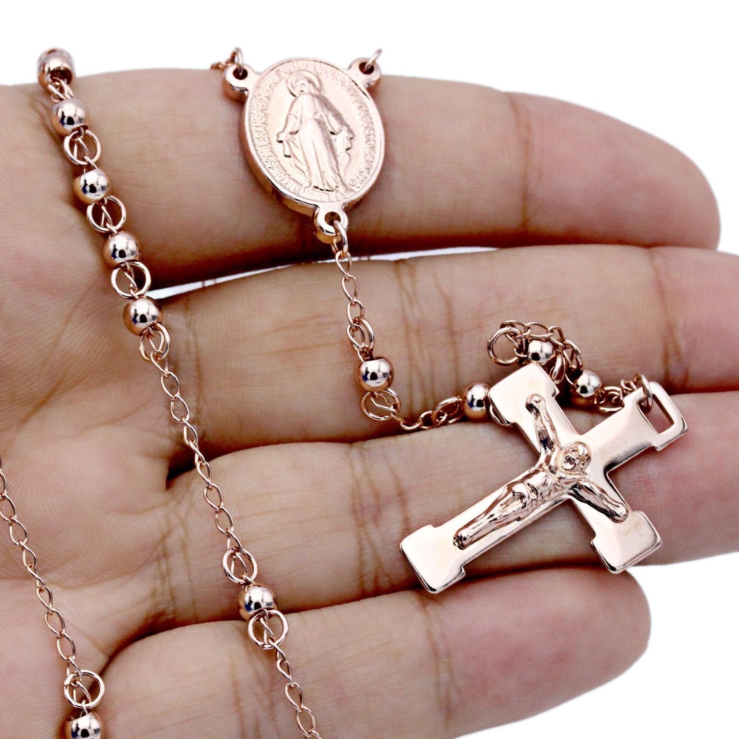 Traditional Rose Gold Rosary Necklace Five Decade Catholic Prayer Beads 4mm - Tree of Life