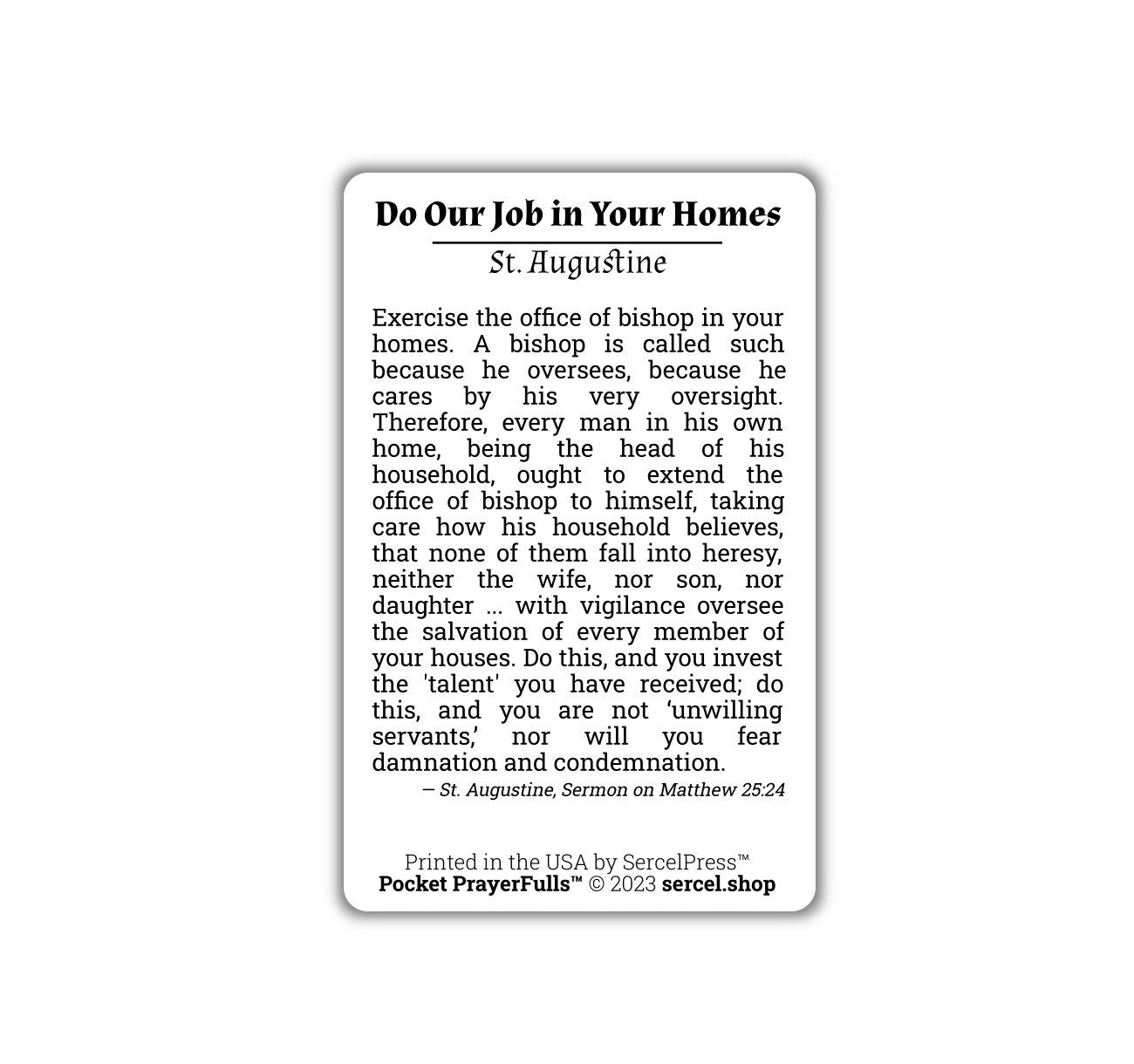St. Augustine, Do Our Job in Your Homes: Pocket PrayerFulls™ | Durable Wallet Prayer Cards | Catholic Saints - Tree of Life