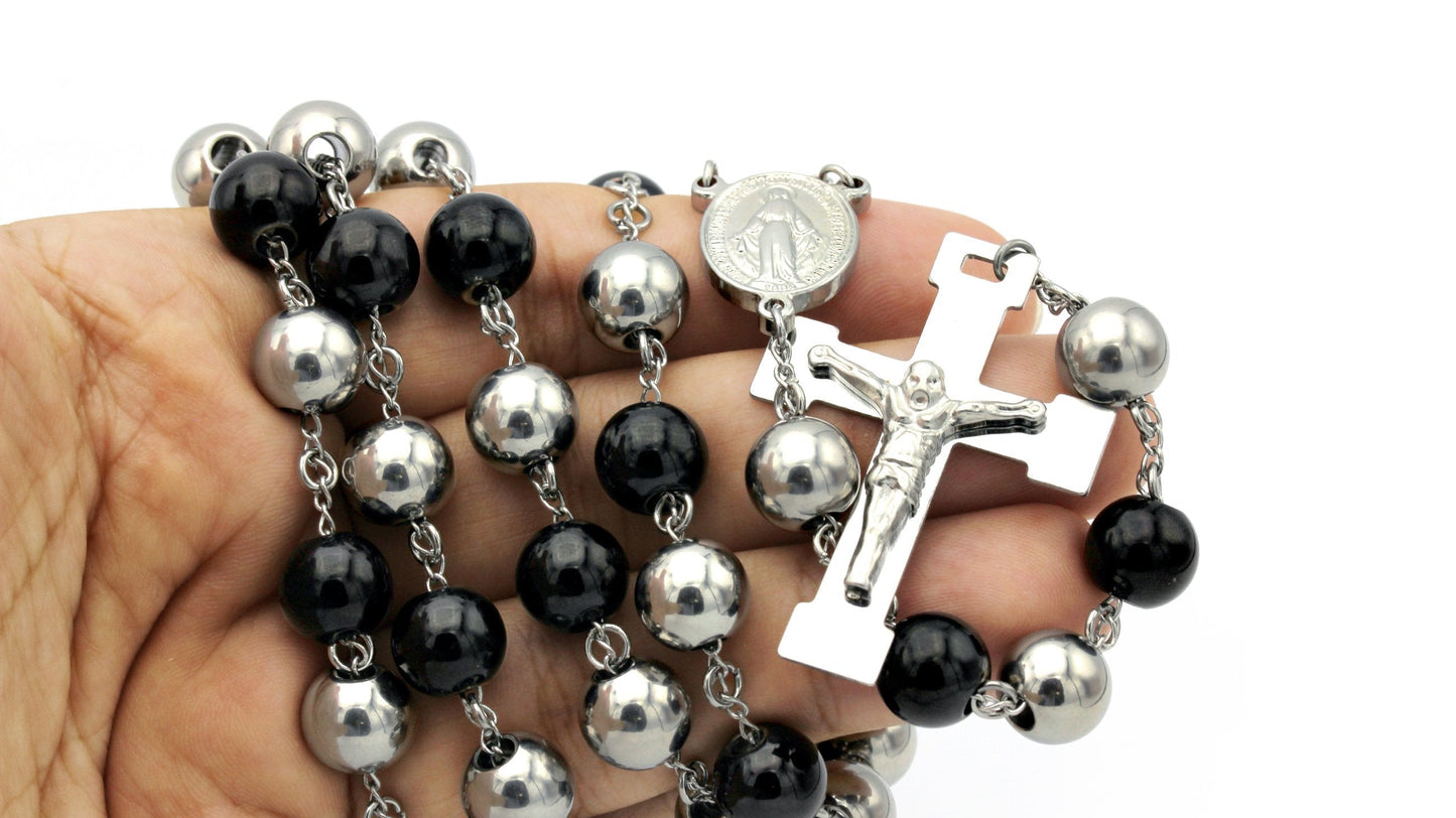 Traditional Rosary Necklace Five Decade Silver Black Catholic Prayer Beads 10 mm - Tree of Life
