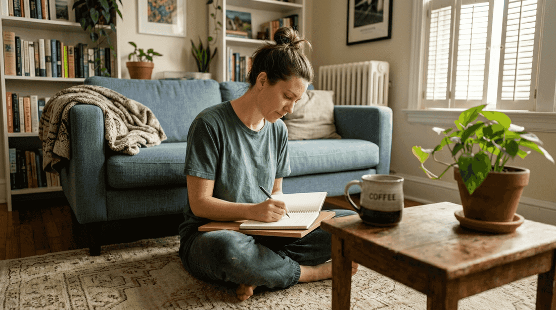 Woman journaling wellness intentions in living room