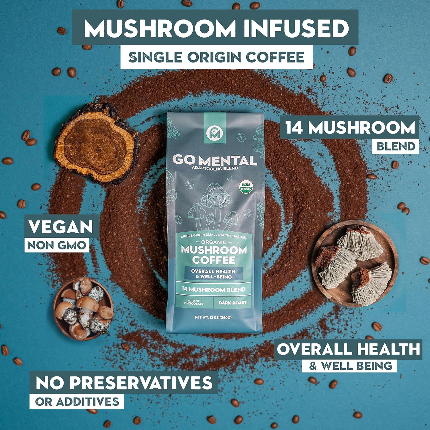 Lions Maine mushroom infused with corticepts USDA organic coffee