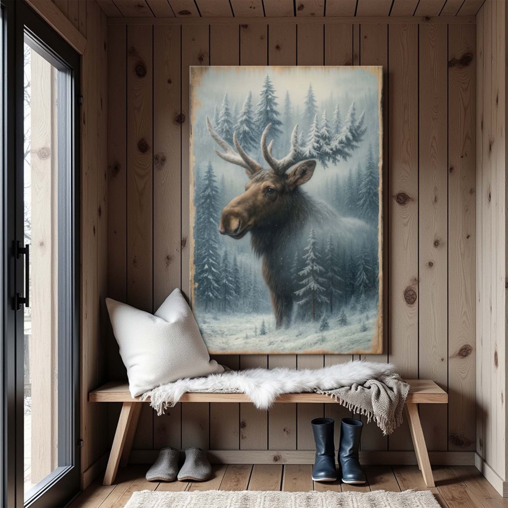 Snowy Forest Moose Double Exposure Wall Art - Tree of Life