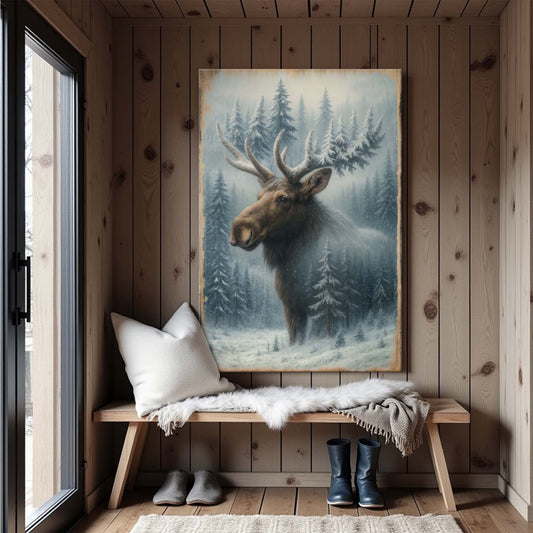 Snowy Forest Moose Double Exposure Wall Art - Tree of Life