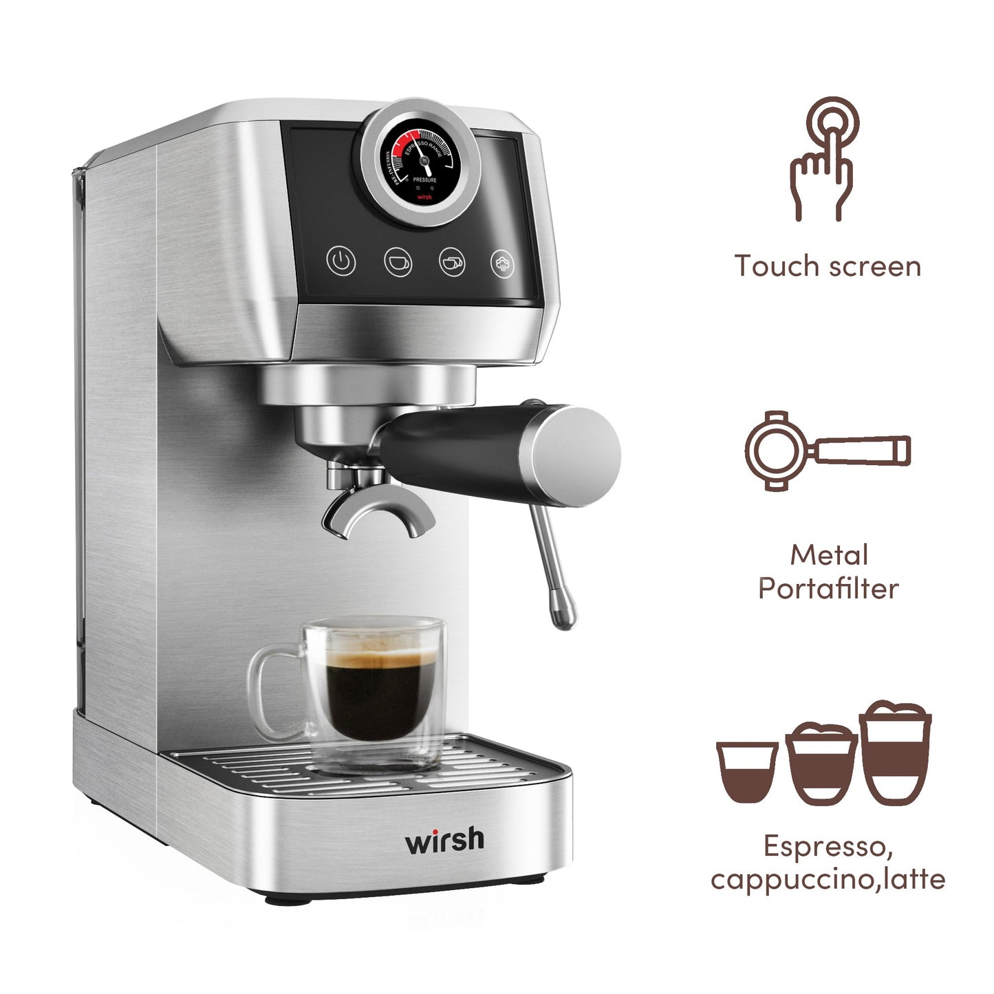 Wirsh 20 Bar Espresso Machine with Plastic Free Portafilter and Steamer, Pressure Gauge, Touch Screen, Full Stainless Steel (Home Barista Plus) - Tree of Life