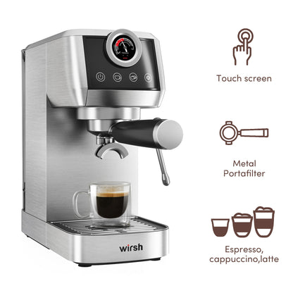 Wirsh 20 Bar Espresso Machine with Plastic Free Portafilter and Steamer, Pressure Gauge, Touch Screen, Full Stainless Steel (Home Barista Plus) - Tree of Life