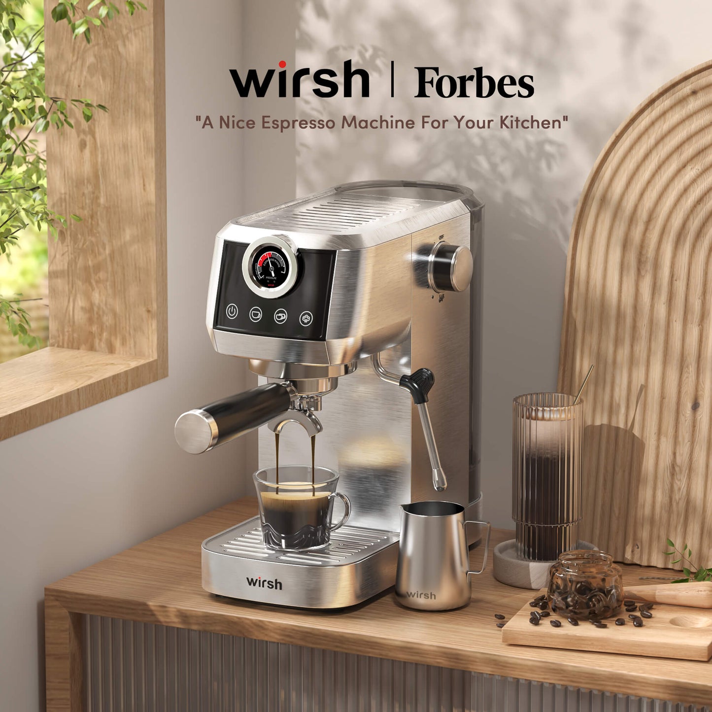 Wirsh 20 Bar Espresso Machine with Plastic Free Portafilter and Steamer, Pressure Gauge, Touch Screen, Full Stainless Steel (Home Barista Plus) - Tree of Life