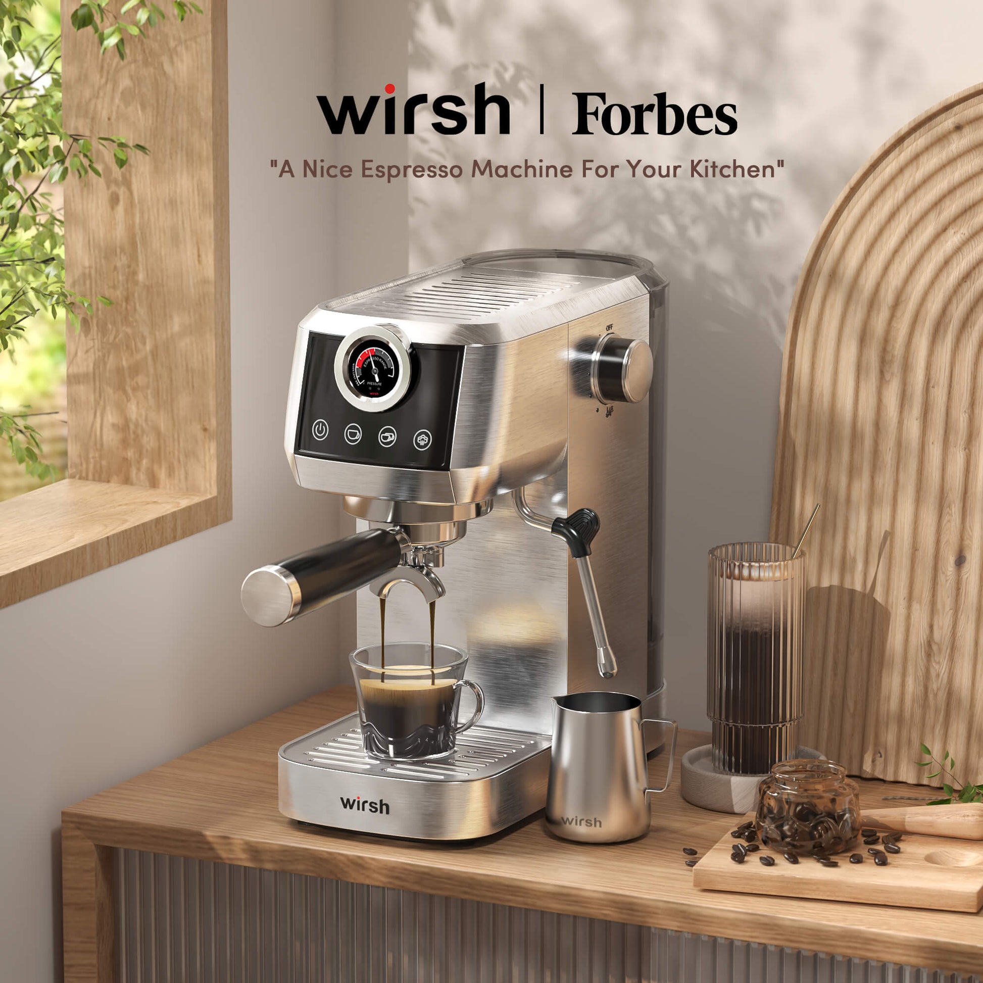 Wirsh 20 Bar Espresso Machine with Plastic Free Portafilter and Steamer, Pressure Gauge, Touch Screen, Full Stainless Steel (Home Barista Plus) - Tree of Life