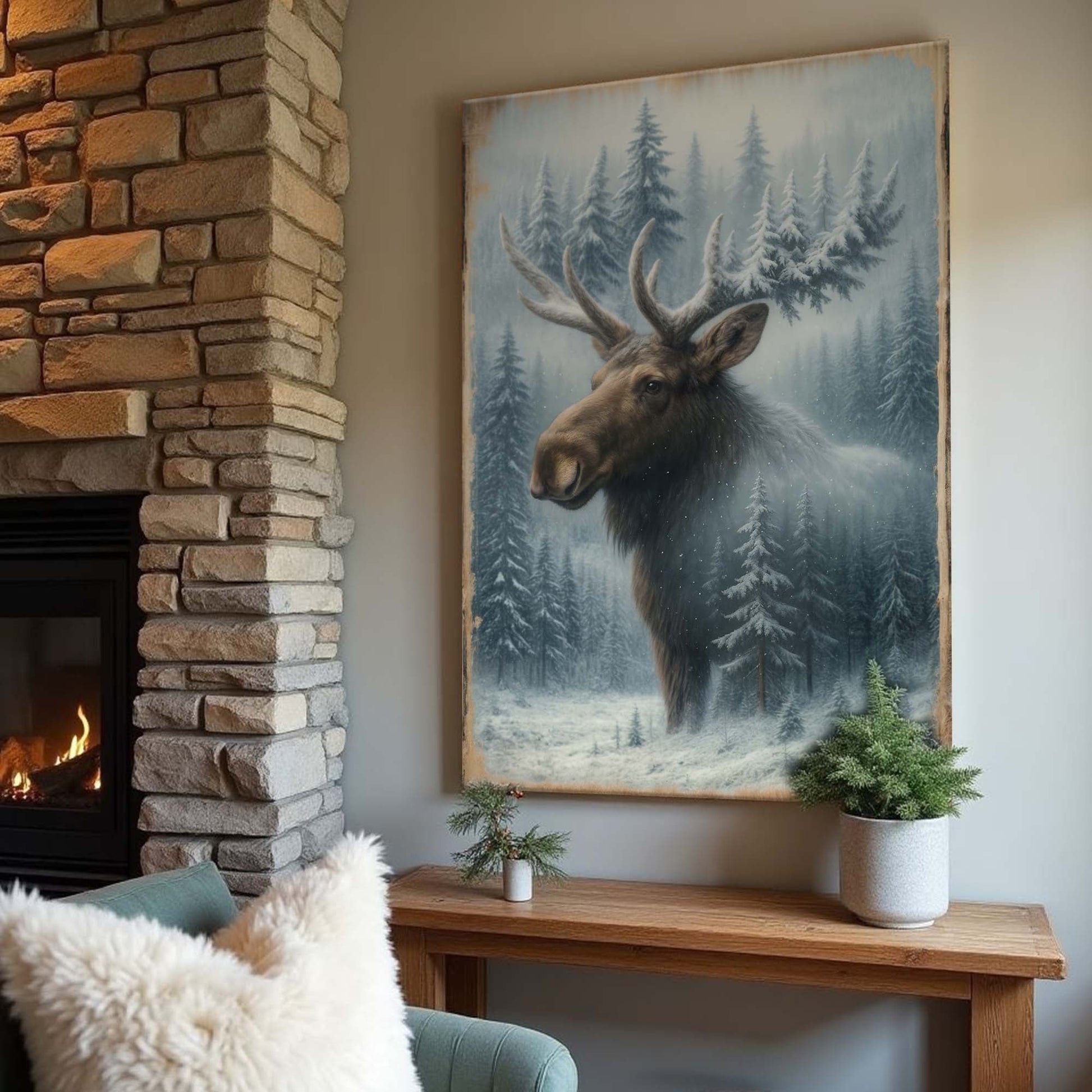 Snowy Forest Moose Double Exposure Wall Art - Tree of Life