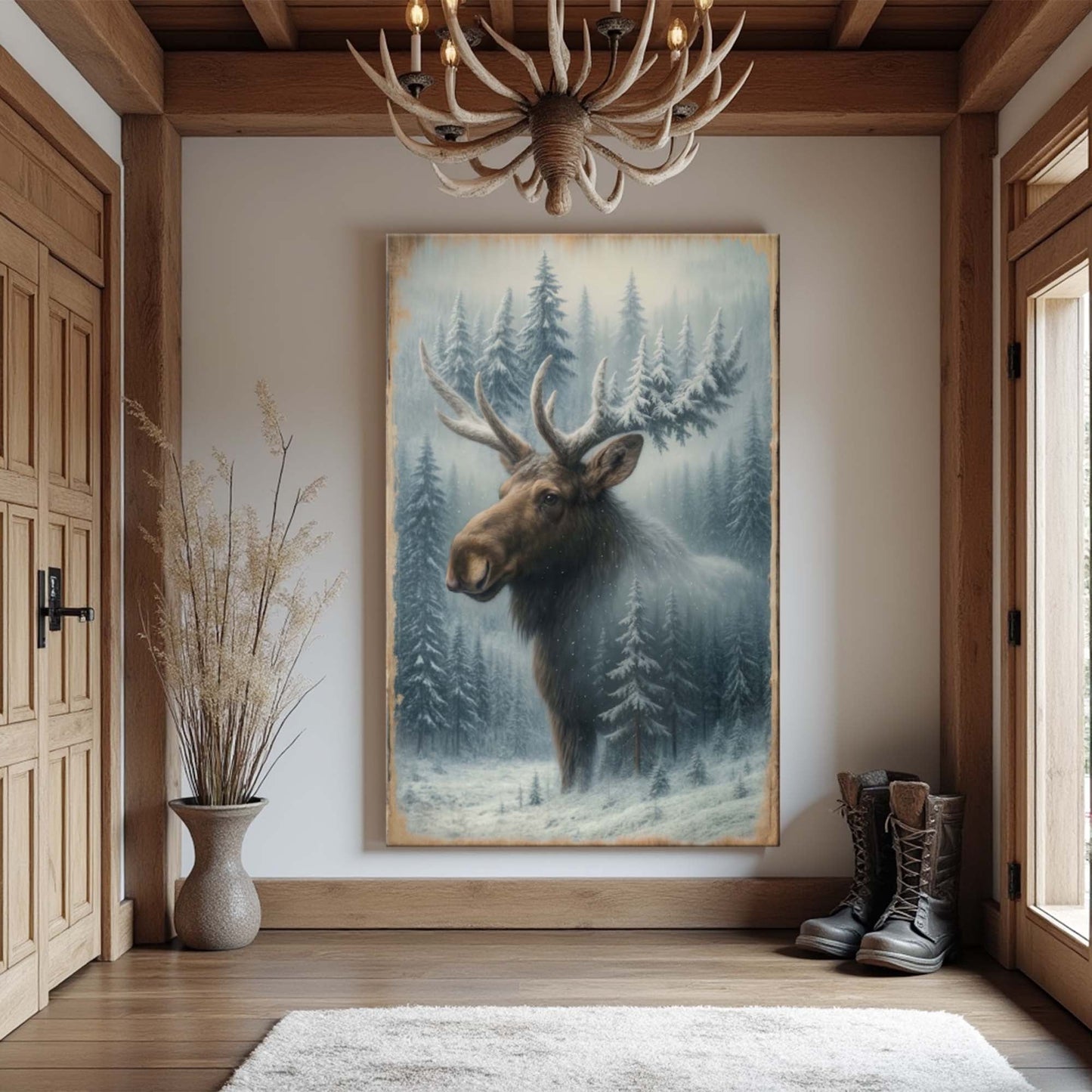 Snowy Forest Moose Double Exposure Wall Art - Tree of Life