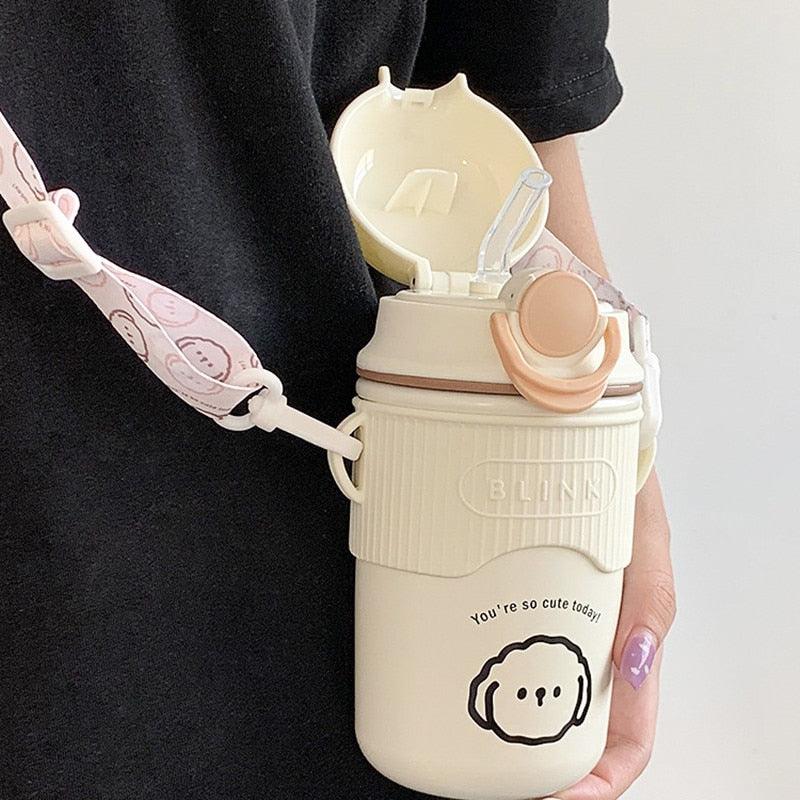 480ml Cartoon Thermos Mug With Strap Stainless Steel 304 Vacuum Flask With Straw Cute Child Thermal Water Bottle Cute Thermos Bottle Insulated Straw Water Bottle Leak Proof Flip-Top Lid Cute Stainless Steel Bottle - Tree of Life