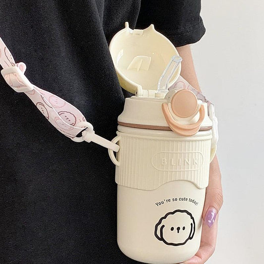 480ml Cartoon Thermos Mug With Strap Stainless Steel 304 Vacuum Flask With Straw Cute Child Thermal Water Bottle Cute Thermos Bottle Insulated Straw Water Bottle Leak Proof Flip-Top Lid Cute Stainless Steel Bottle - Tree of Life