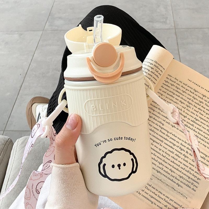 480ml Cartoon Thermos Mug With Strap Stainless Steel 304 Vacuum Flask With Straw Cute Child Thermal Water Bottle Cute Thermos Bottle Insulated Straw Water Bottle Leak Proof Flip-Top Lid Cute Stainless Steel Bottle - Tree of Life