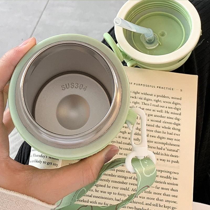 480ml Cartoon Thermos Mug With Strap Stainless Steel 304 Vacuum Flask With Straw Cute Child Thermal Water Bottle Cute Thermos Bottle Insulated Straw Water Bottle Leak Proof Flip-Top Lid Cute Stainless Steel Bottle - Tree of Life