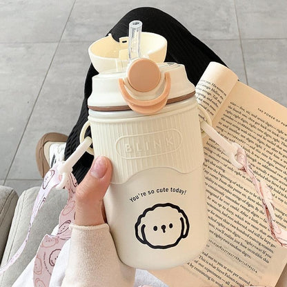 480ml Cartoon Thermos Mug With Strap Stainless Steel 304 Vacuum Flask With Straw Cute Child Thermal Water Bottle Cute Thermos Bottle Insulated Straw Water Bottle Leak Proof Flip-Top Lid Cute Stainless Steel Bottle - Tree of Life