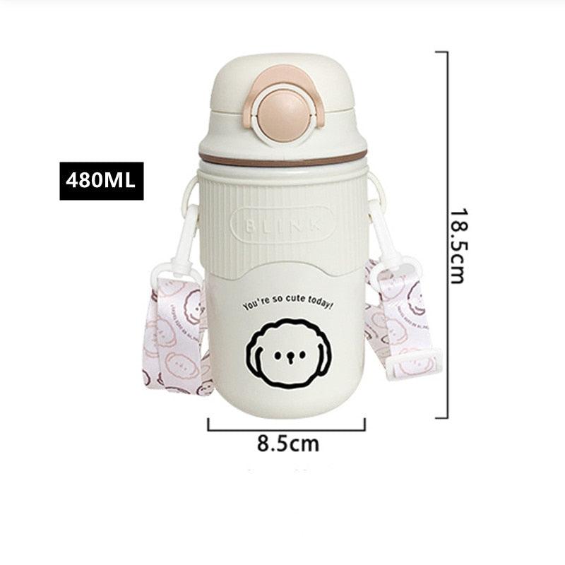 480ml Cartoon Thermos Mug With Strap Stainless Steel 304 Vacuum Flask With Straw Cute Child Thermal Water Bottle Cute Thermos Bottle Insulated Straw Water Bottle Leak Proof Flip-Top Lid Cute Stainless Steel Bottle - Tree of Life