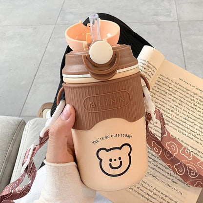 480ml Cartoon Thermos Mug With Strap Stainless Steel 304 Vacuum Flask With Straw Cute Child Thermal Water Bottle Cute Thermos Bottle Insulated Straw Water Bottle Leak Proof Flip-Top Lid Cute Stainless Steel Bottle - Tree of Life