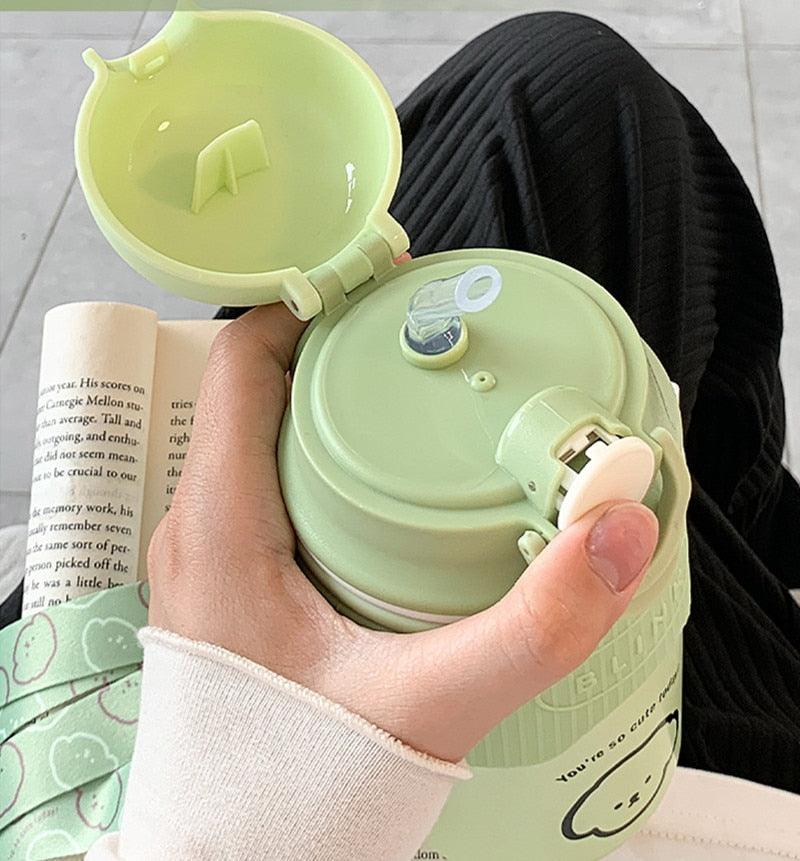 480ml Cartoon Thermos Mug With Strap Stainless Steel 304 Vacuum Flask With Straw Cute Child Thermal Water Bottle Cute Thermos Bottle Insulated Straw Water Bottle Leak Proof Flip-Top Lid Cute Stainless Steel Bottle - Tree of Life