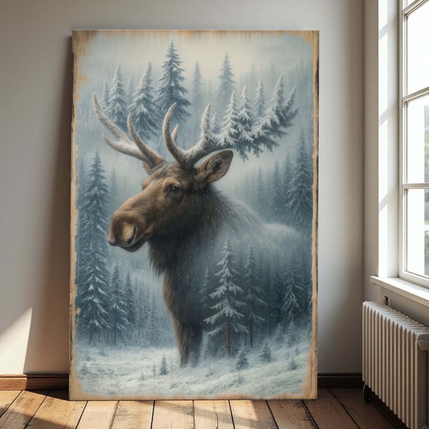 Snowy Forest Moose Double Exposure Wall Art - Tree of Life