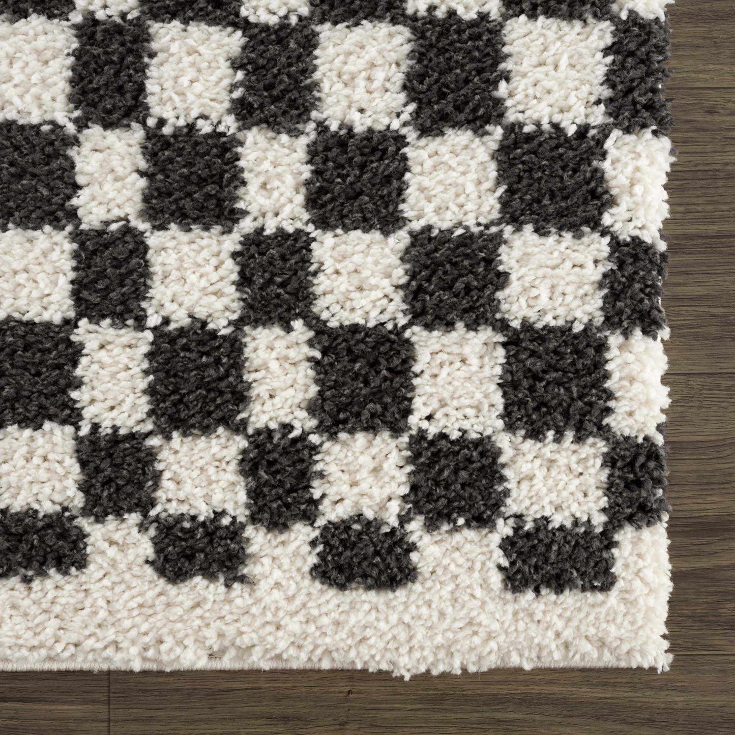 Kieu Black & White Checkered Shag Rug - Tree of Life