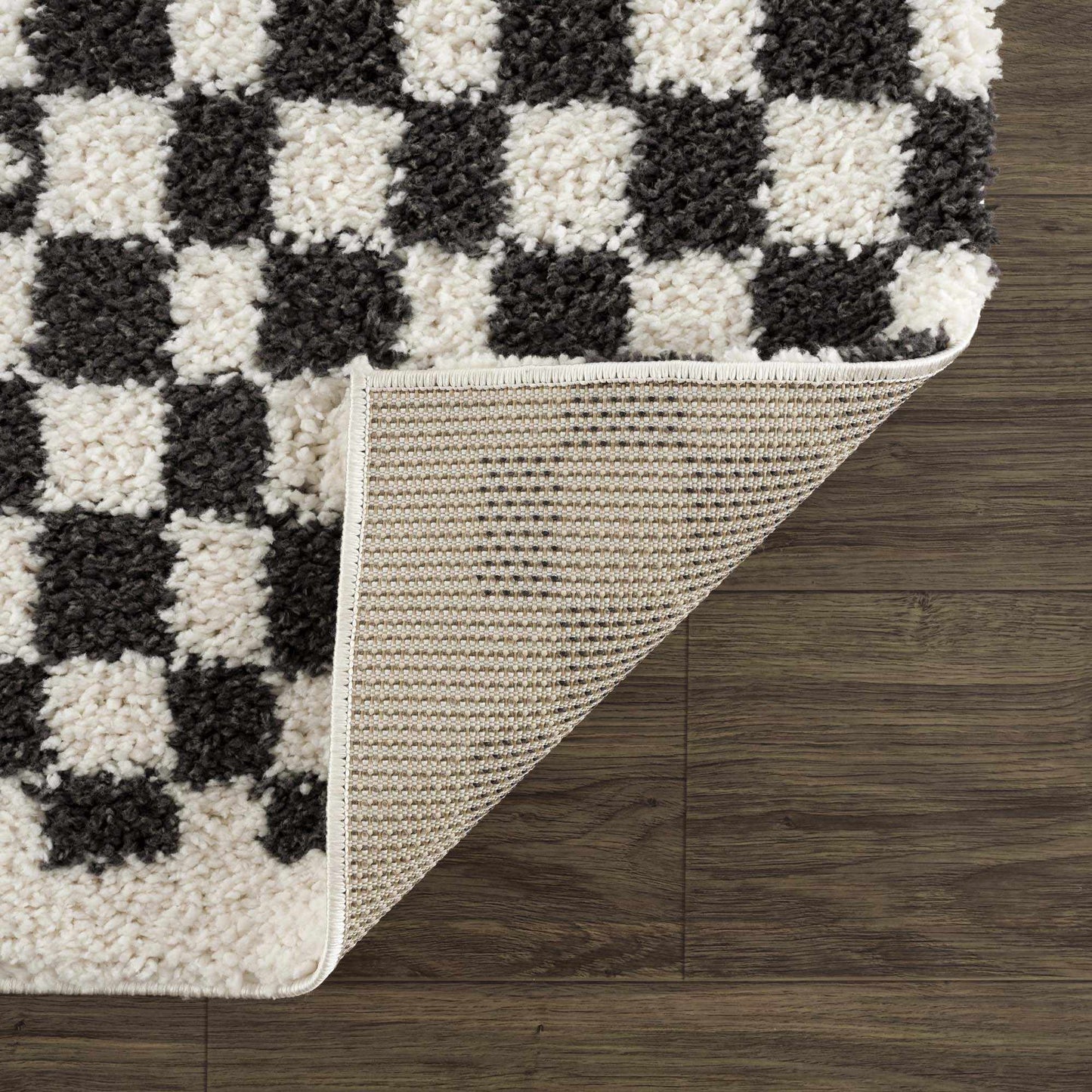 Kieu Black & White Checkered Shag Rug - Tree of Life