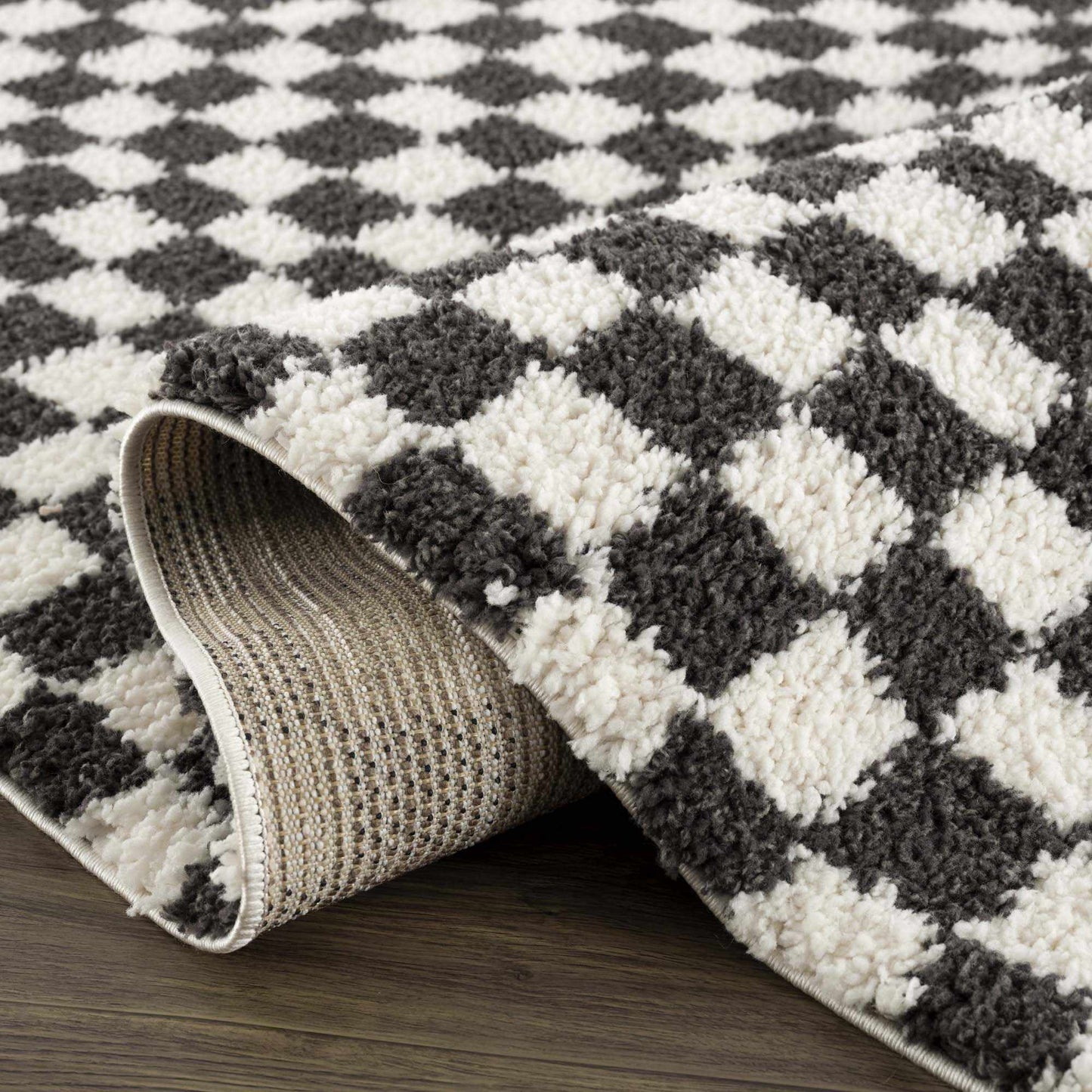 Kieu Black & White Checkered Shag Rug - Tree of Life