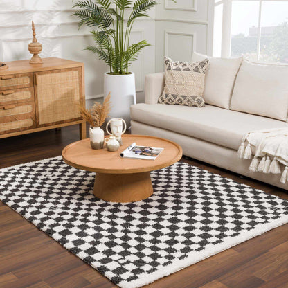 Kieu Black & White Checkered Shag Rug - Tree of Life