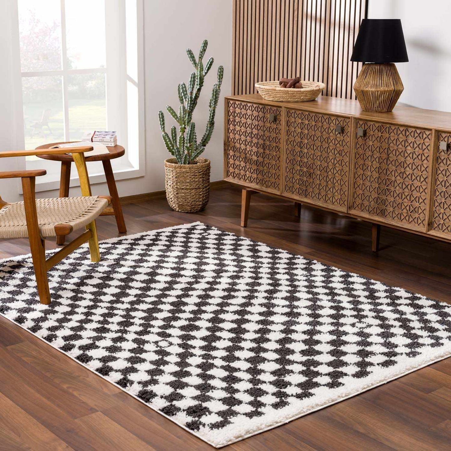 Kieu Black & White Checkered Shag Rug - Tree of Life