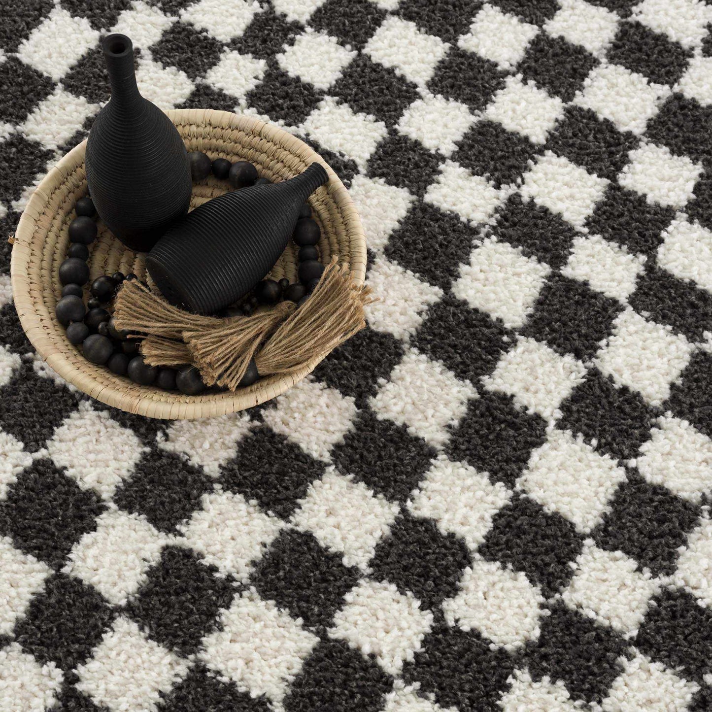 Kieu Black & White Checkered Shag Rug - Tree of Life