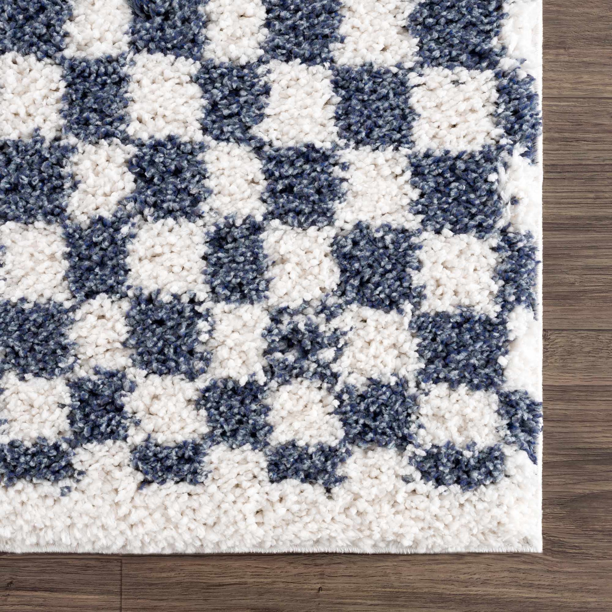Kieu Blue & White Checkered Area Rug - Tree of Life