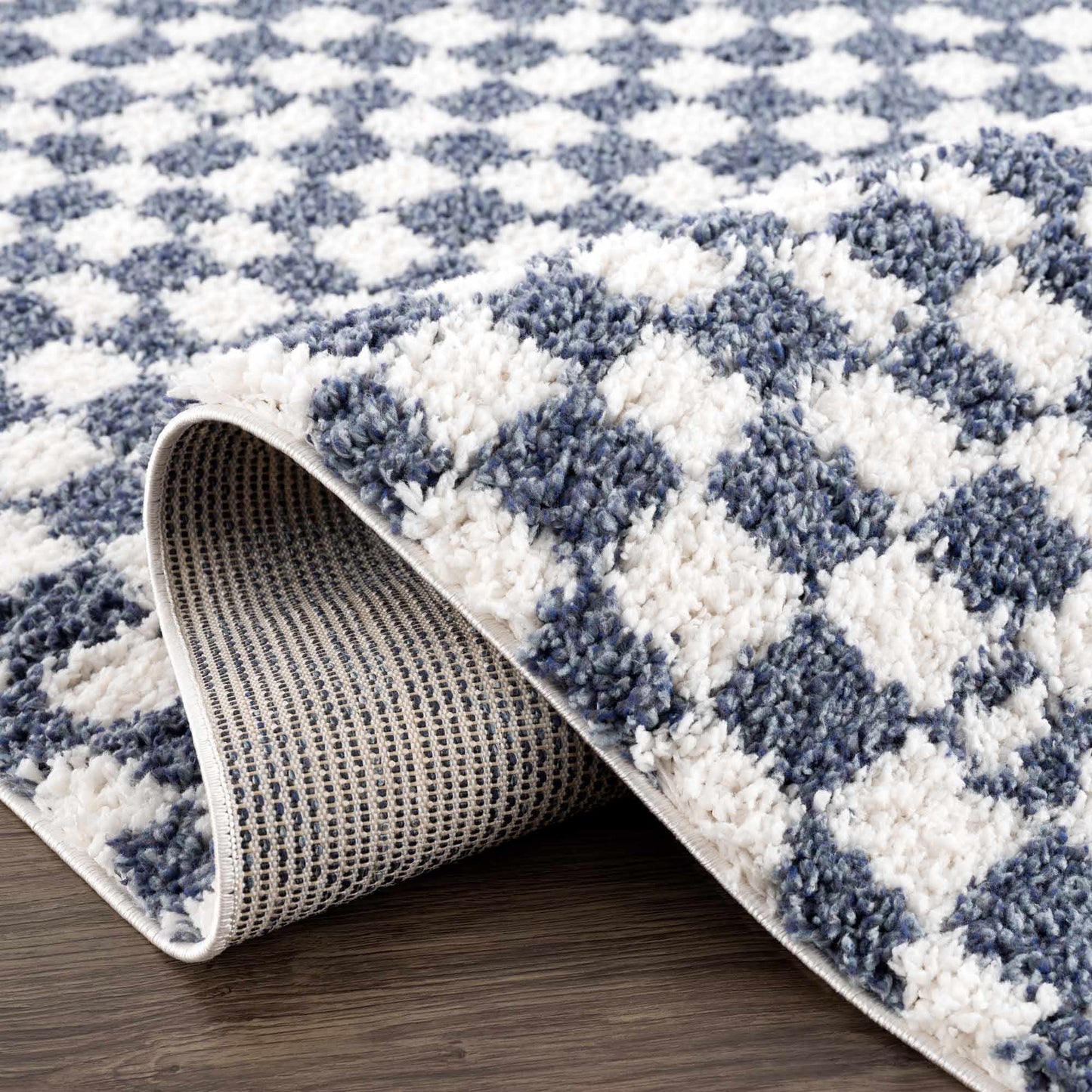 Kieu Blue & White Checkered Area Rug - Tree of Life