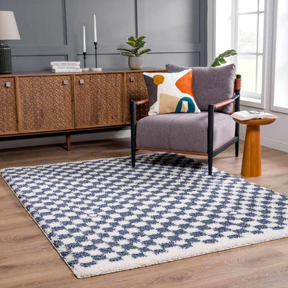 Kieu Blue & White Checkered Area Rug - Tree of Life