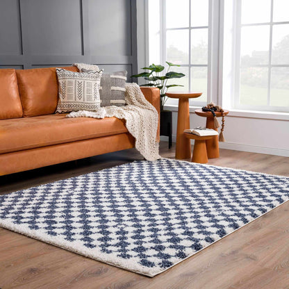 Kieu Blue & White Checkered Area Rug - Tree of Life