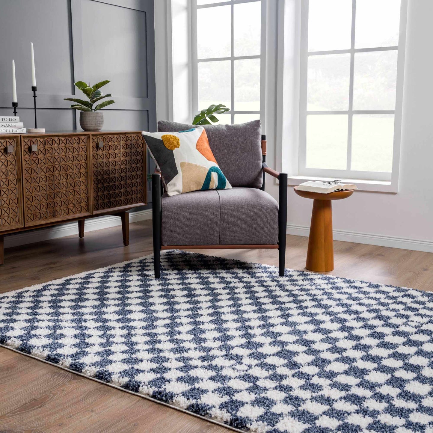 Kieu Blue & White Checkered Area Rug - Tree of Life
