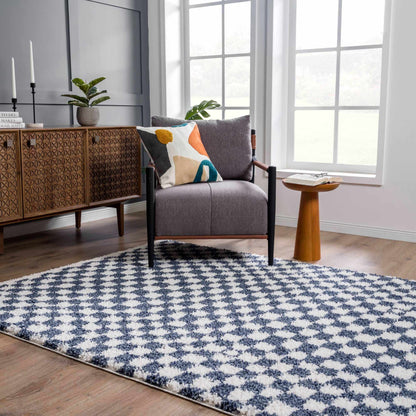 Kieu Blue & White Checkered Area Rug - Tree of Life