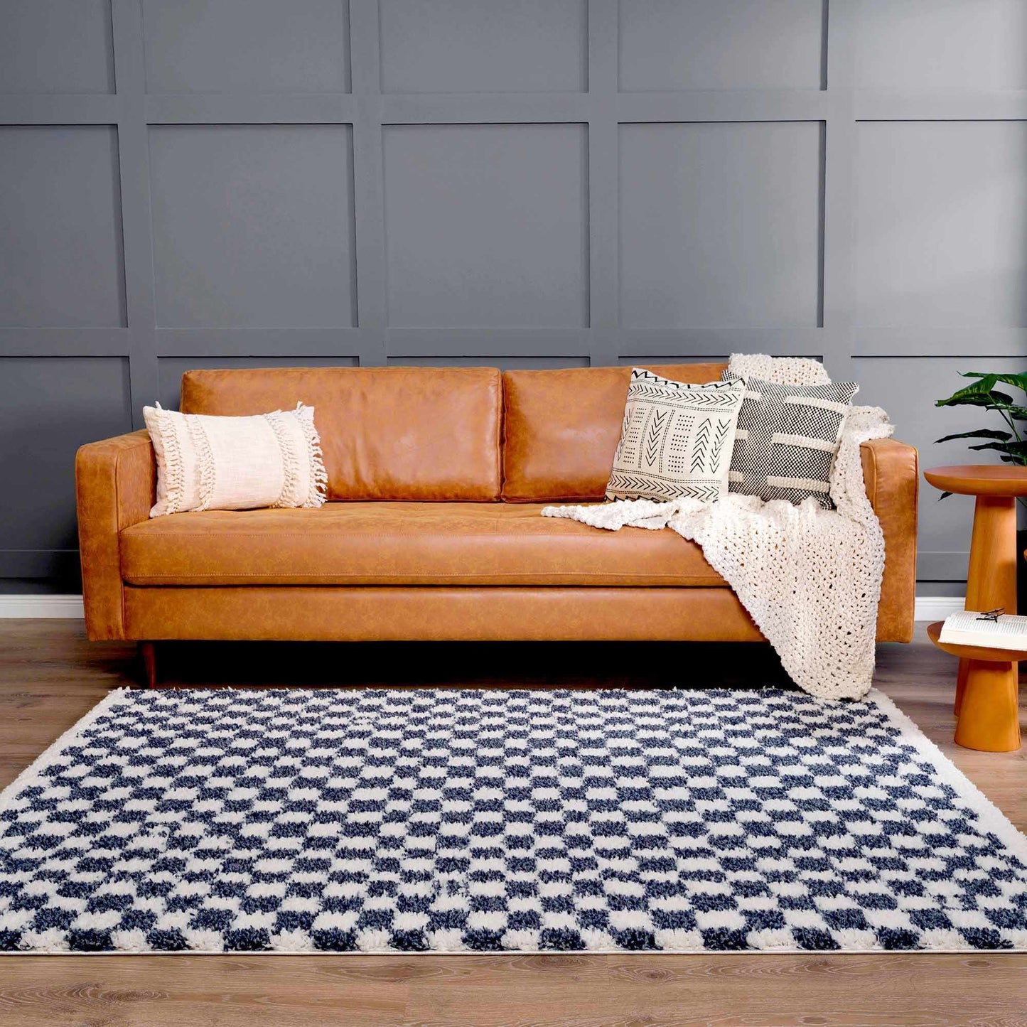 Kieu Blue & White Checkered Area Rug - Tree of Life