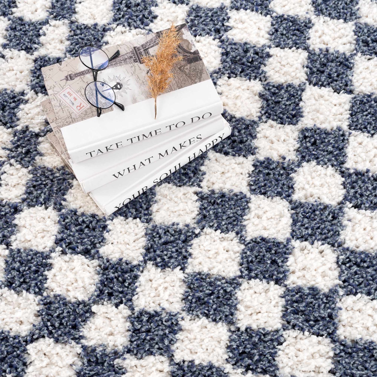 Kieu Blue & White Checkered Area Rug - Tree of Life