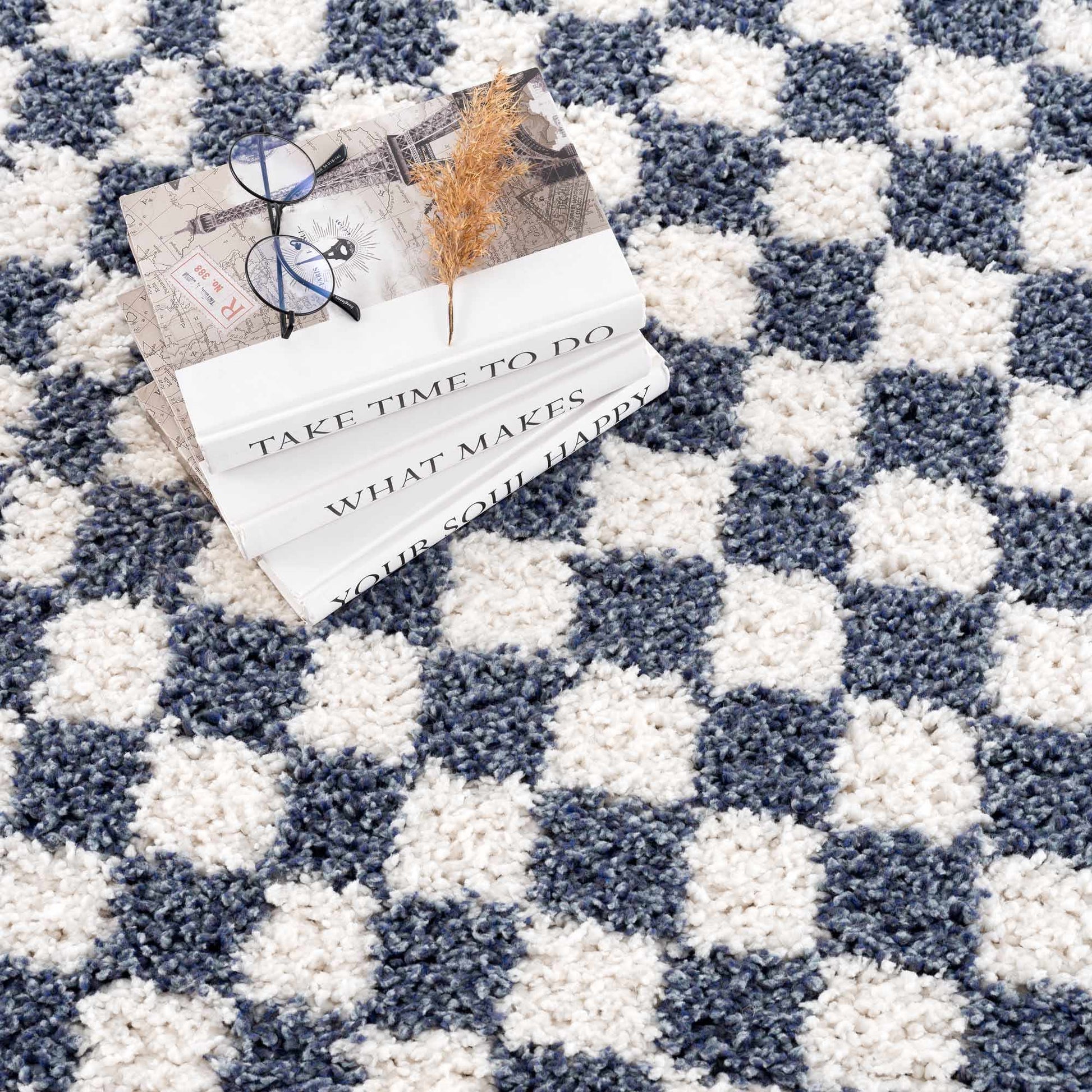 Kieu Blue & White Checkered Area Rug - Tree of Life