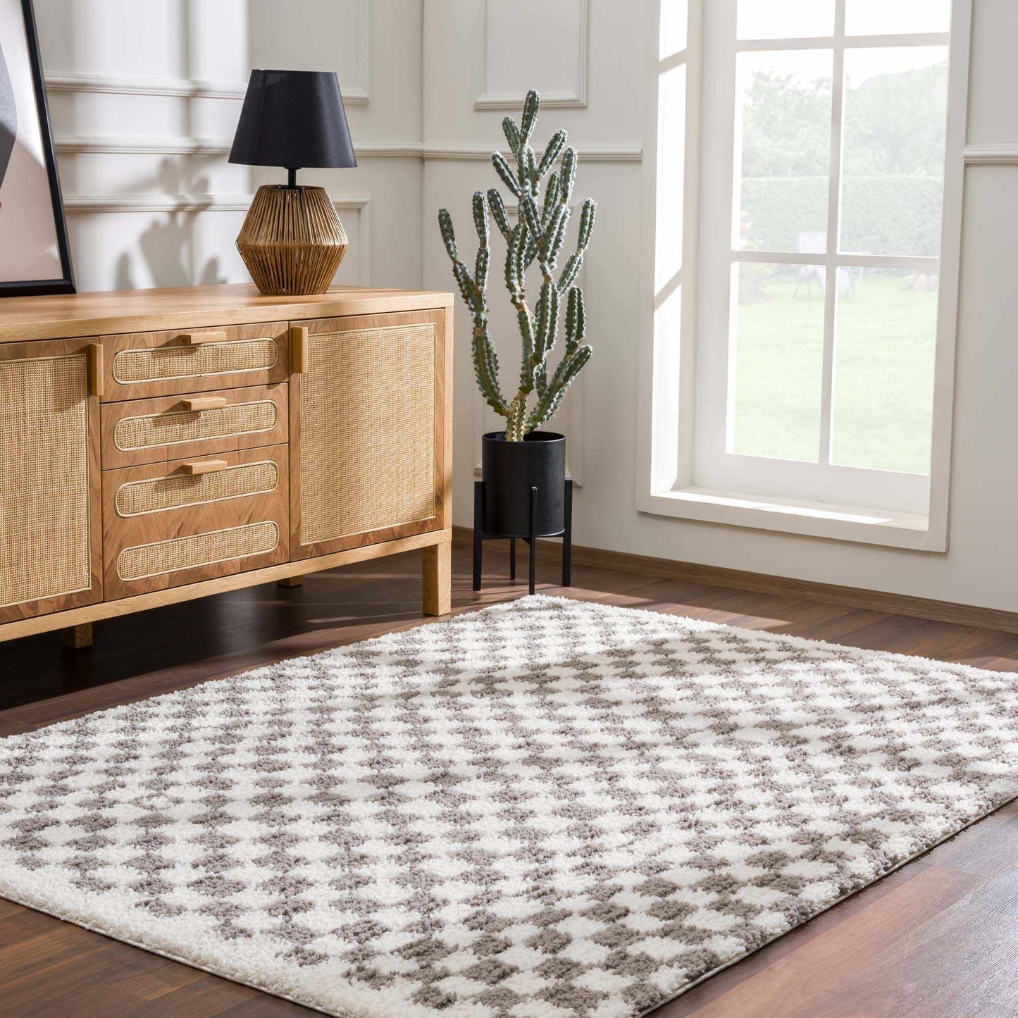 Kieu Taupe Checkered Plush Rug - Tree of Life