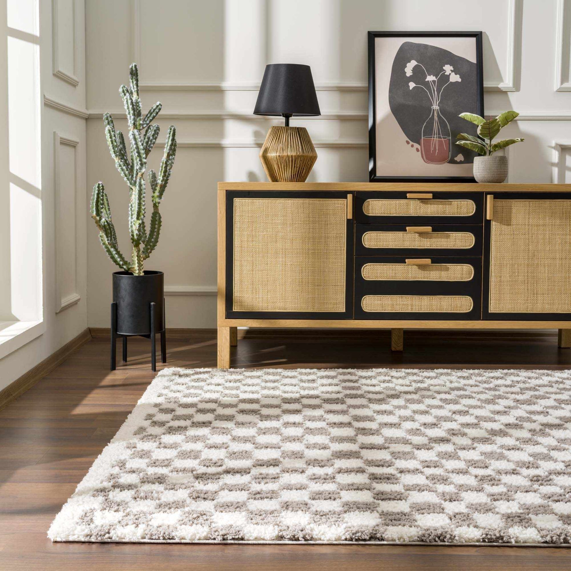 Kieu Taupe Checkered Plush Rug - Tree of Life