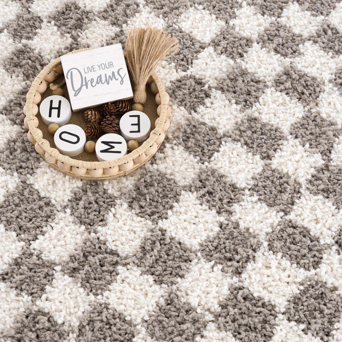 Kieu Taupe Checkered Plush Rug - Tree of Life