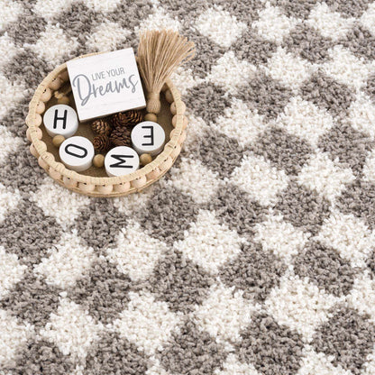 Kieu Taupe Checkered Plush Rug - Tree of Life