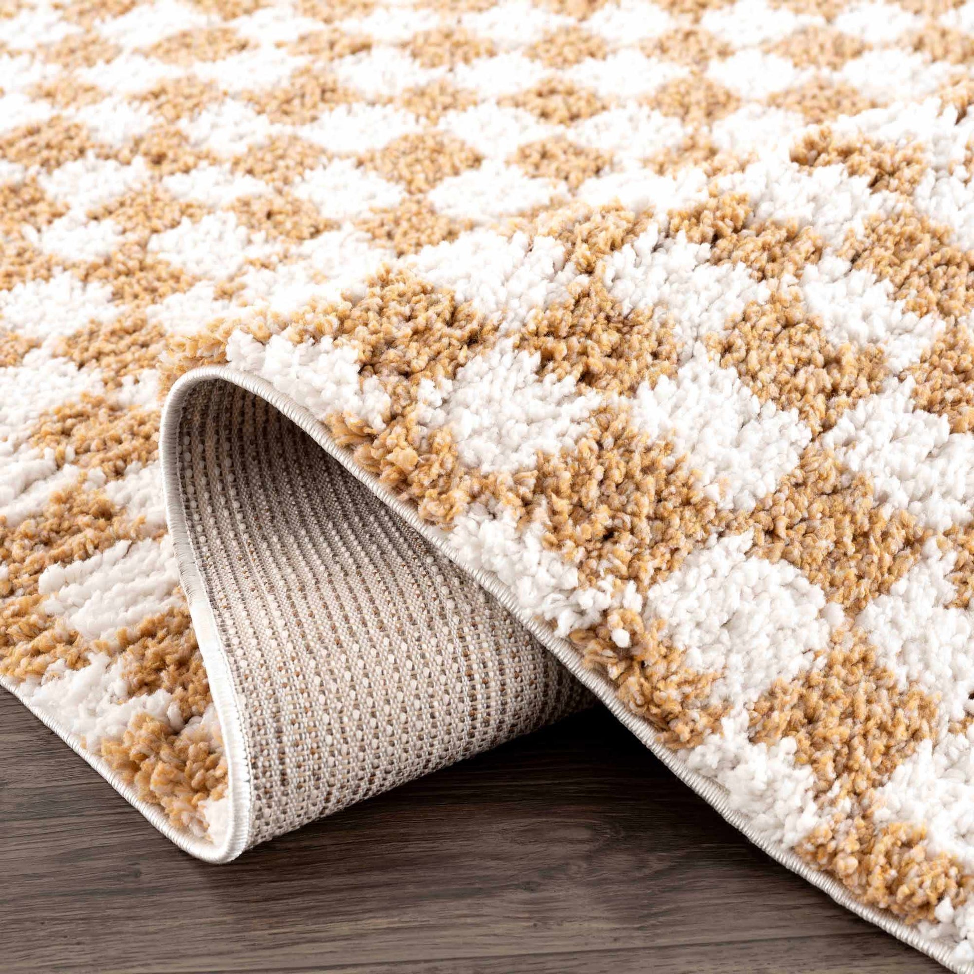 Kieu Mustard & Ivory Checkered Area Rug - Tree of Life