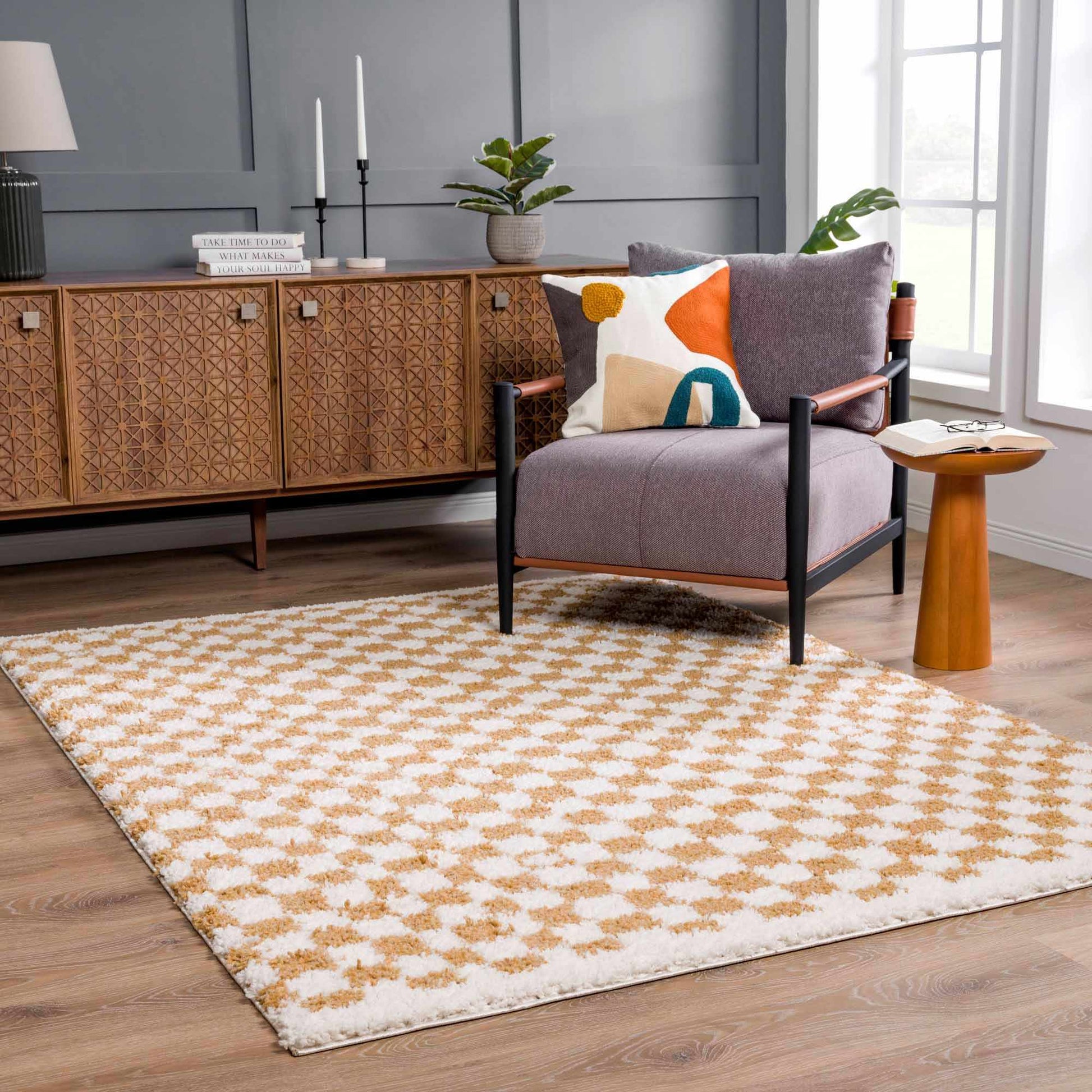 Kieu Mustard & Ivory Checkered Area Rug - Tree of Life