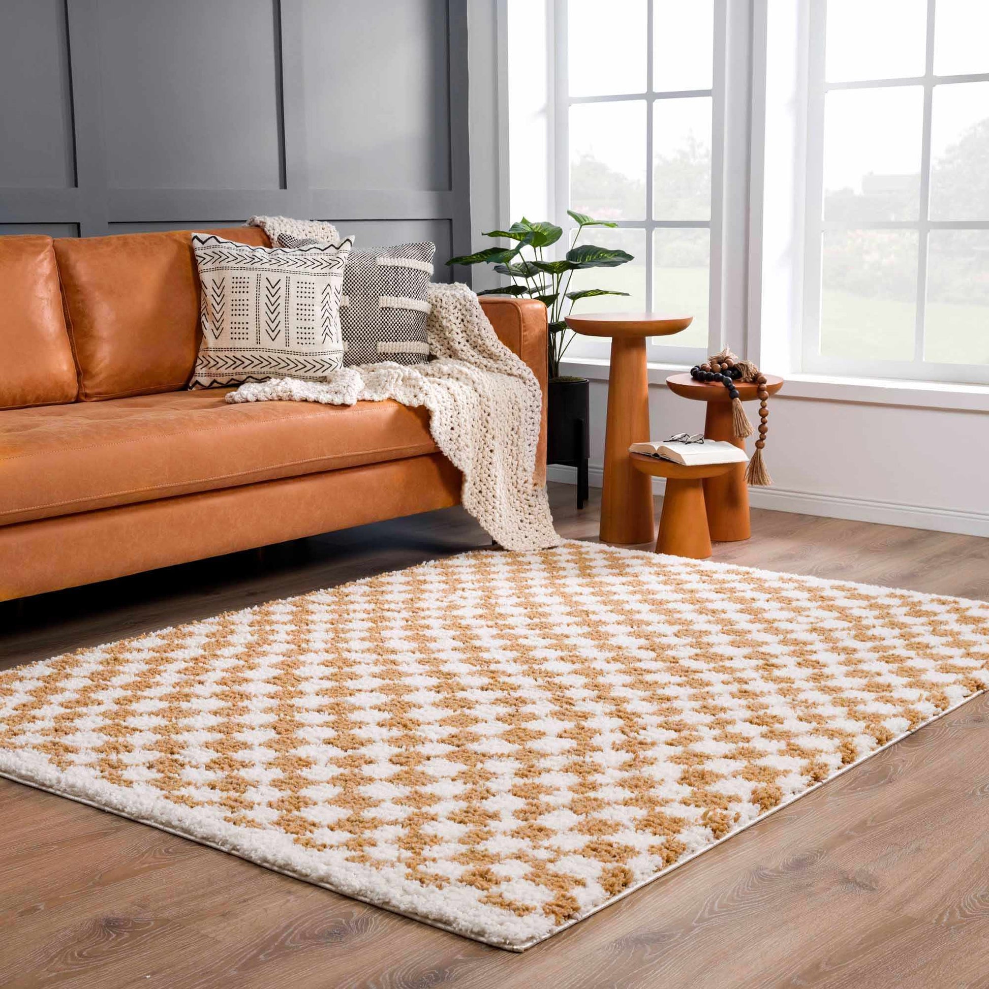 Kieu Mustard & Ivory Checkered Area Rug - Tree of Life