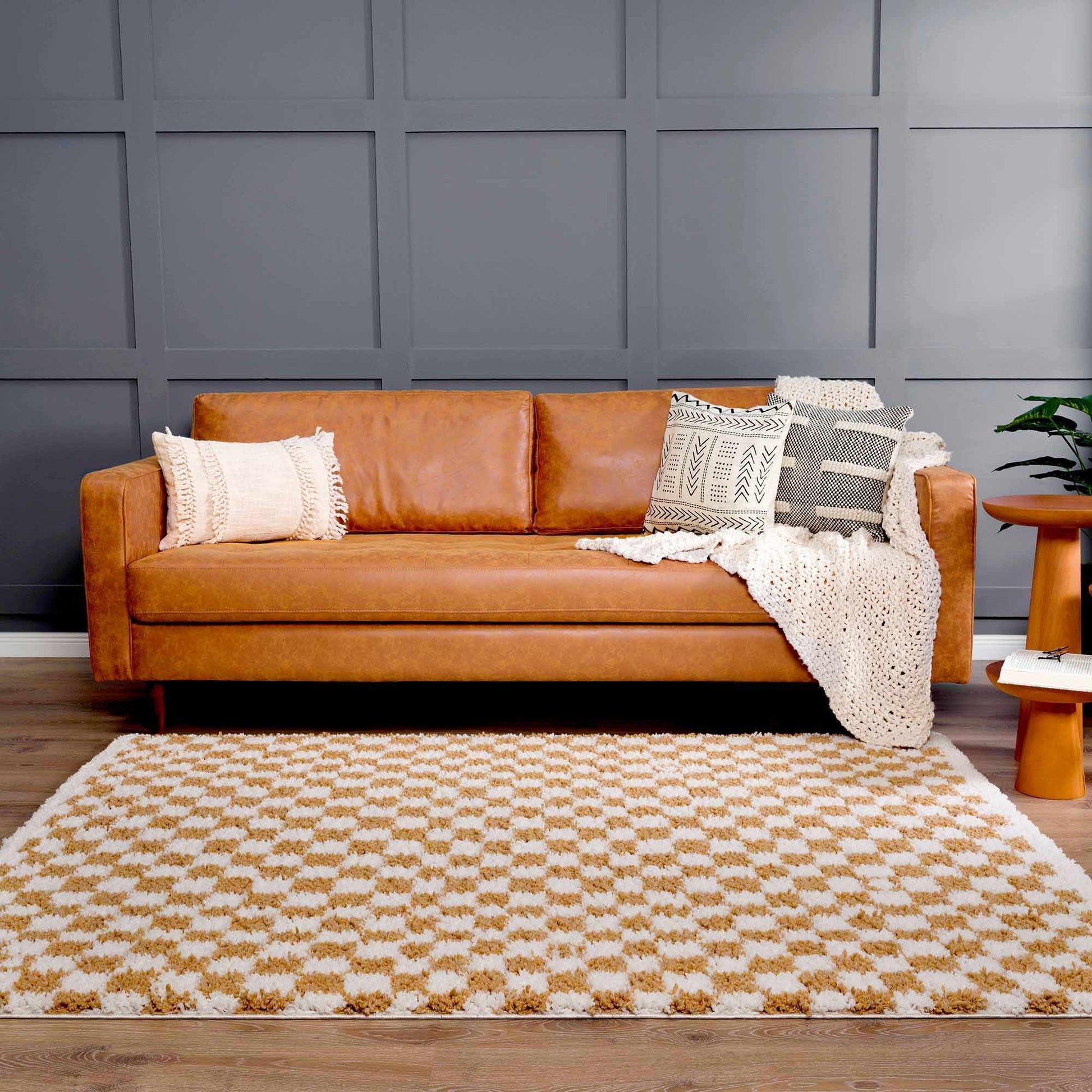 Kieu Mustard & Ivory Checkered Area Rug - Tree of Life
