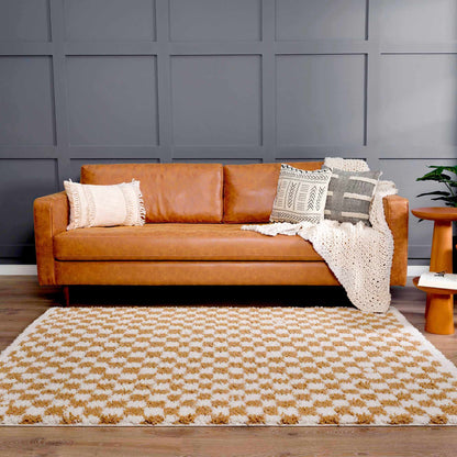 Kieu Mustard & Ivory Checkered Area Rug - Tree of Life
