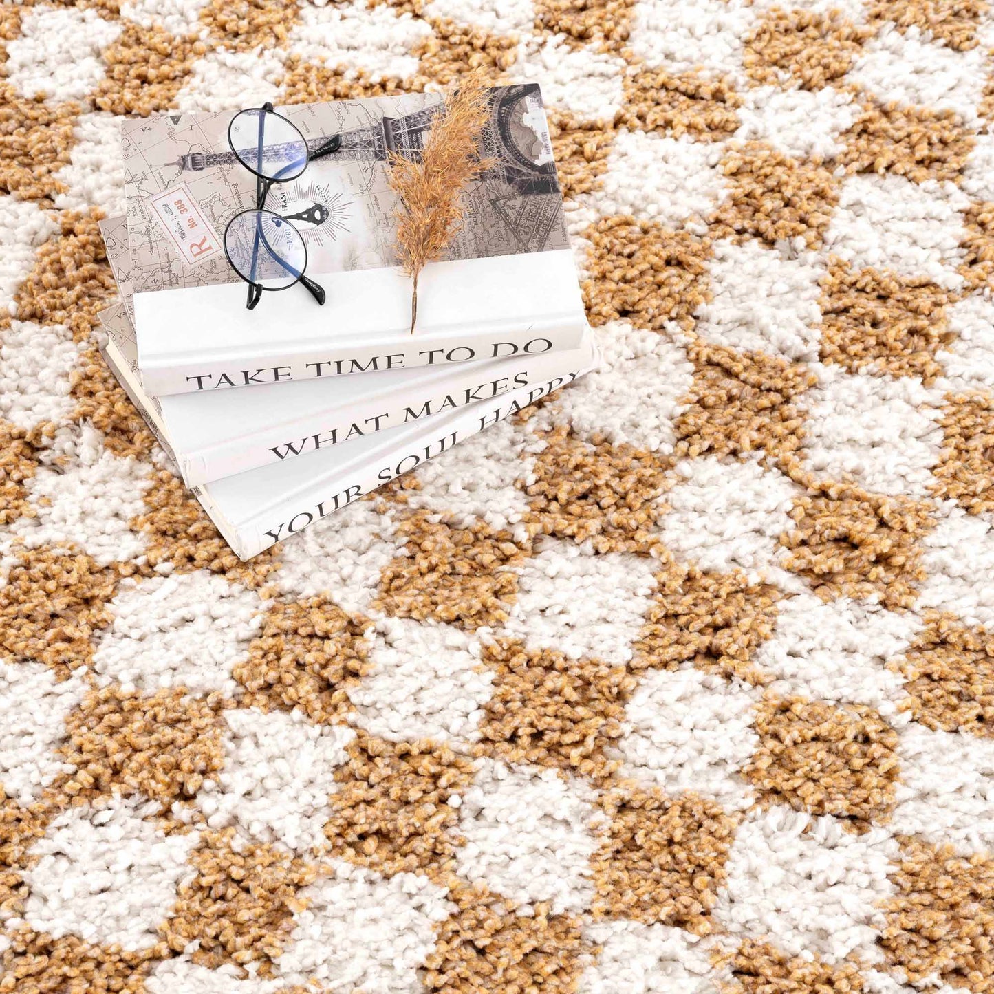 Kieu Mustard & Ivory Checkered Area Rug - Tree of Life